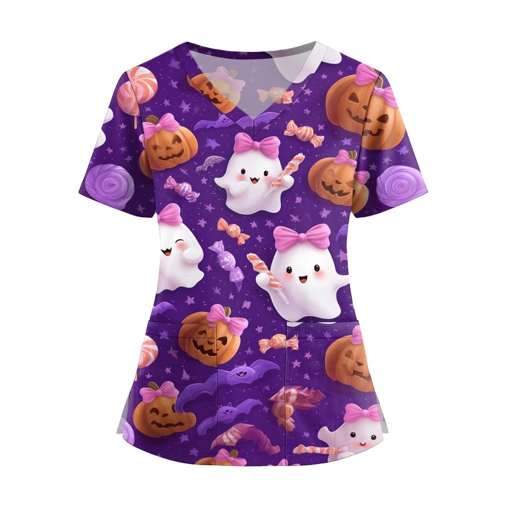 Damenmode V-Ausschnitt Kurzarm Overalls mit Taschen Print Tops Kleidung