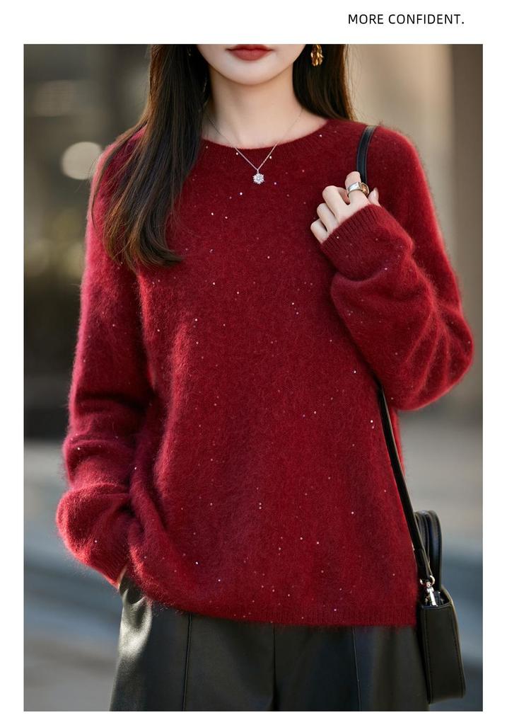 Red Sequined Double-Strand Brushed Wool Sweater - Autumn/Winter Korean Style, Soft Knitwear for Women