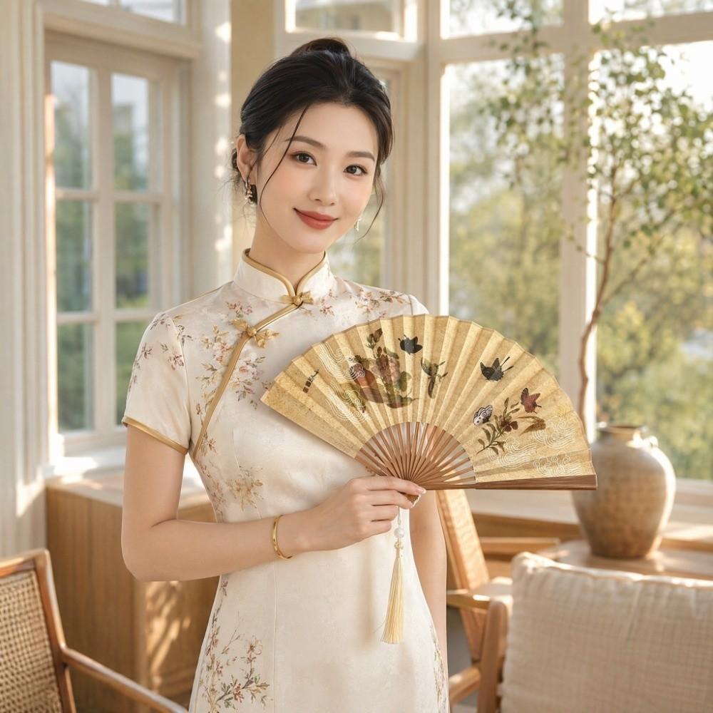 Double Sided Chinese-Style Shell Fan Silk Cloth Dance Fan Vintage Folding Hand Fan Gift Giving