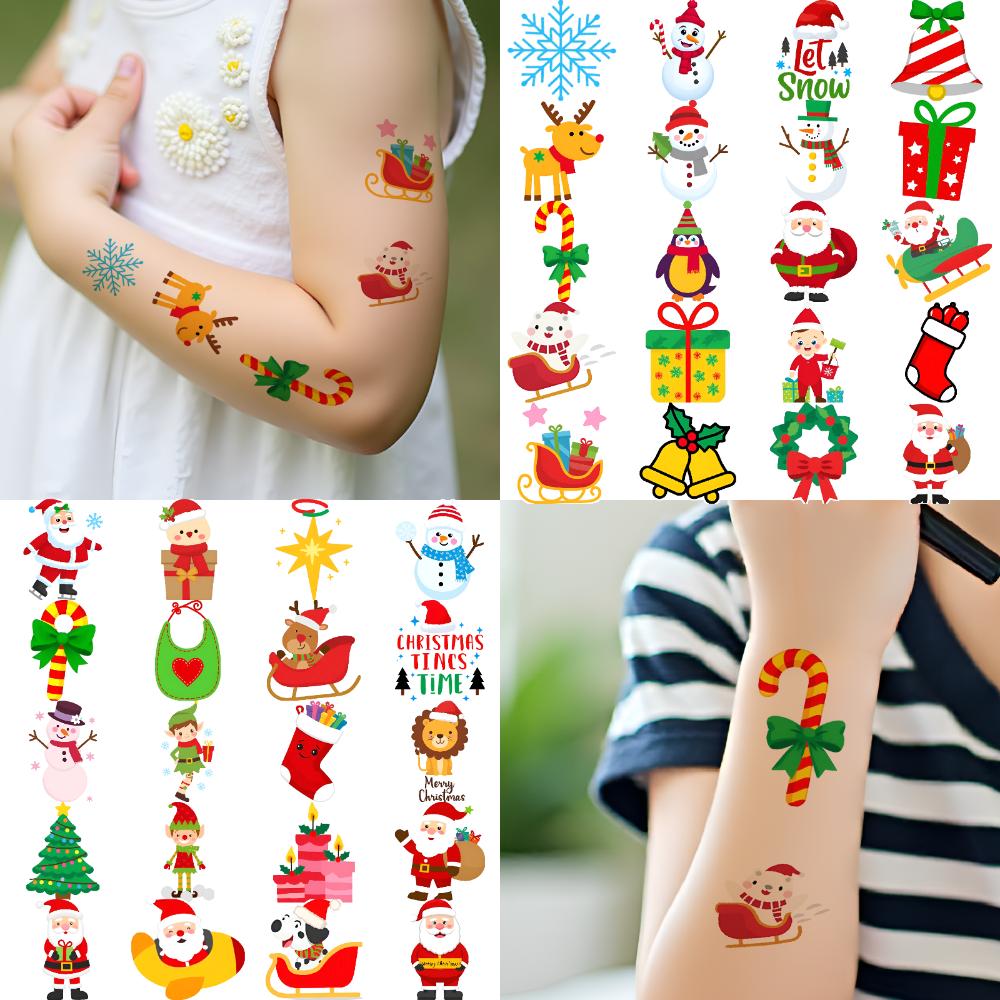 63pcs Temporary Tattoo Christmas Gifts Temporary Tattoo Stickers Penguin Santa Claus Cartoon Elf For Children Shoulders Girls
