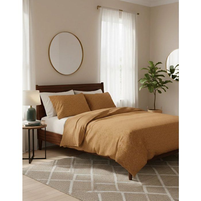 Parure de lit - 1 housse de couette 140 x 200 cm + 1 taie d'oreiller 60 x 60 cm - 100% coton renforcé - Moutarde