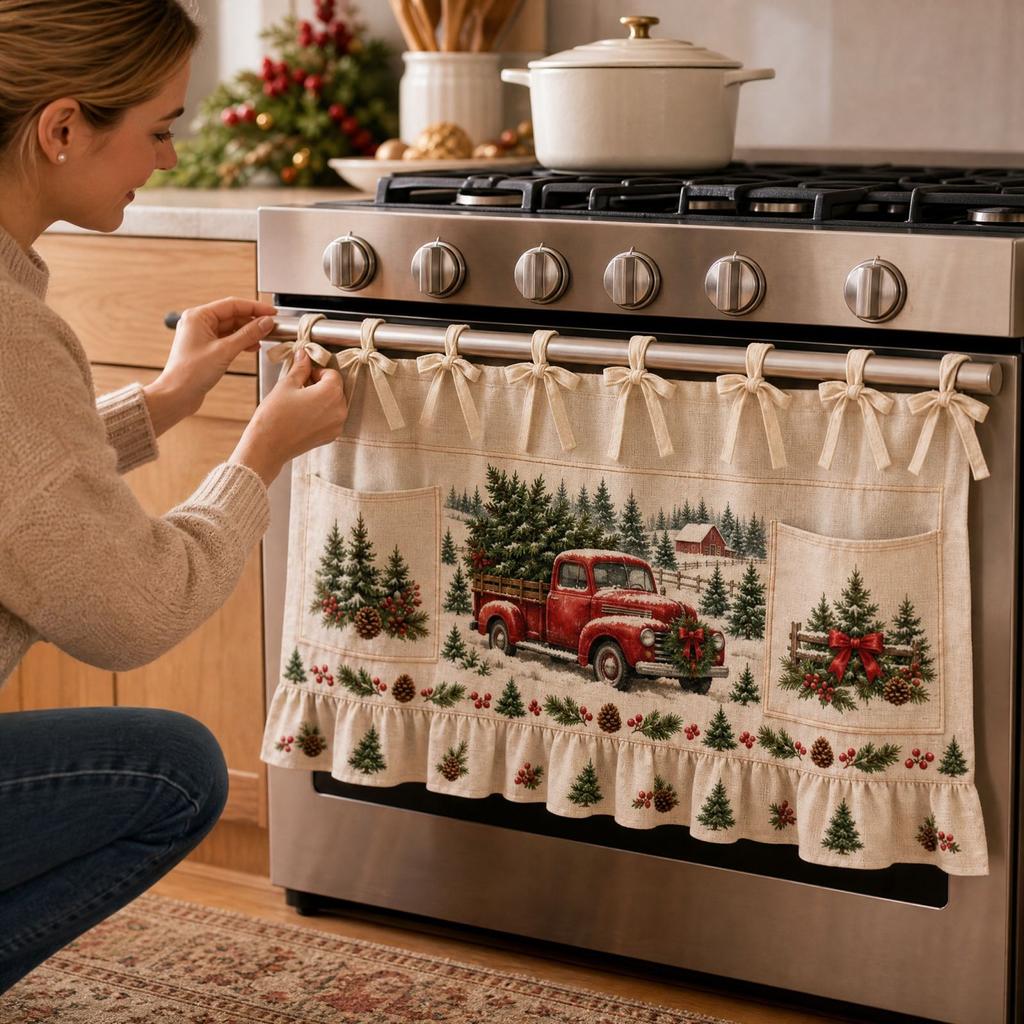 Christmas Kitchen Tie-Waist Half Oven Cover for Holiday Cooking