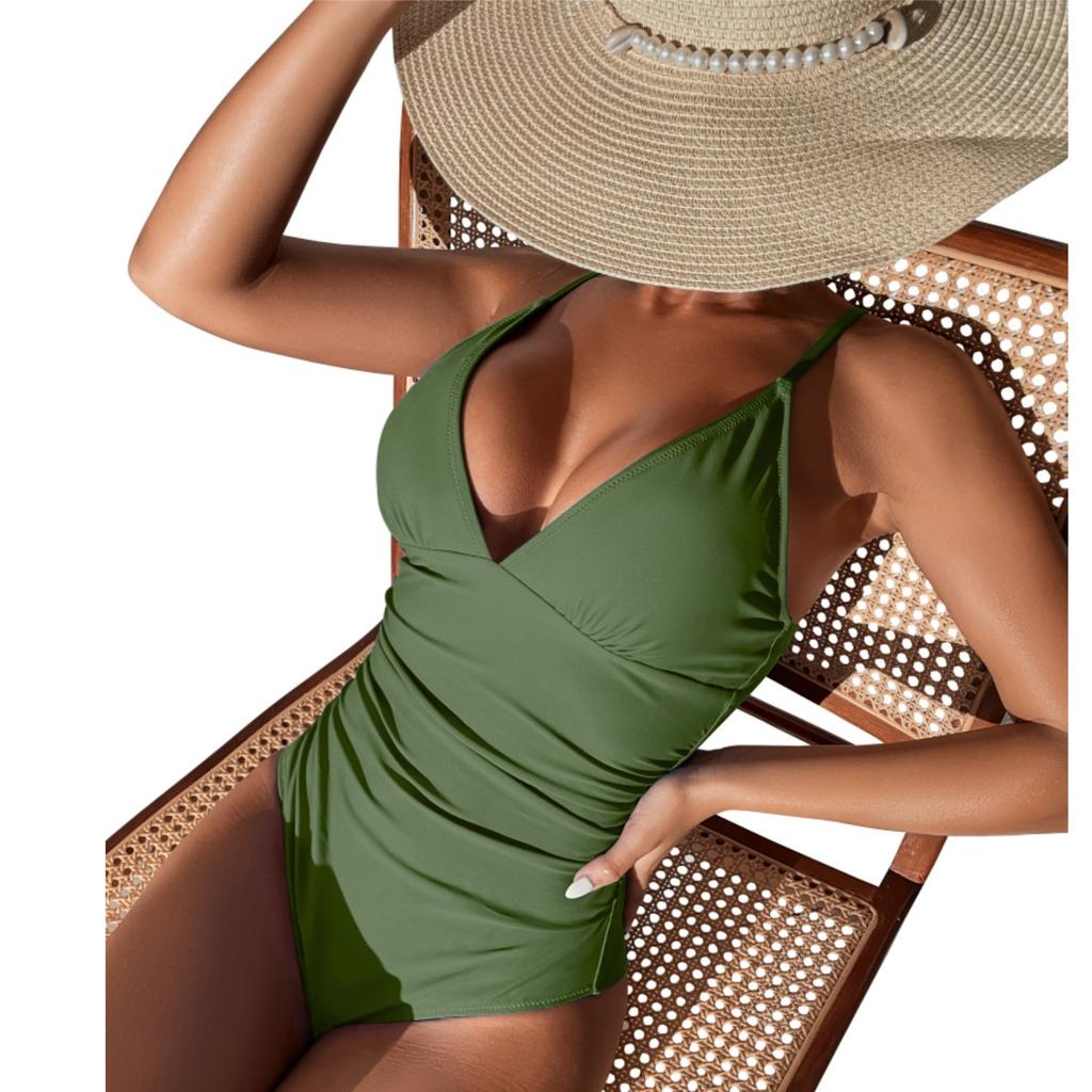 Women One Piece Swimsuit V Neck High Cut Leg Ruched Backless Sexy Bathing Suit Solid Color Summer Beach Swimwear