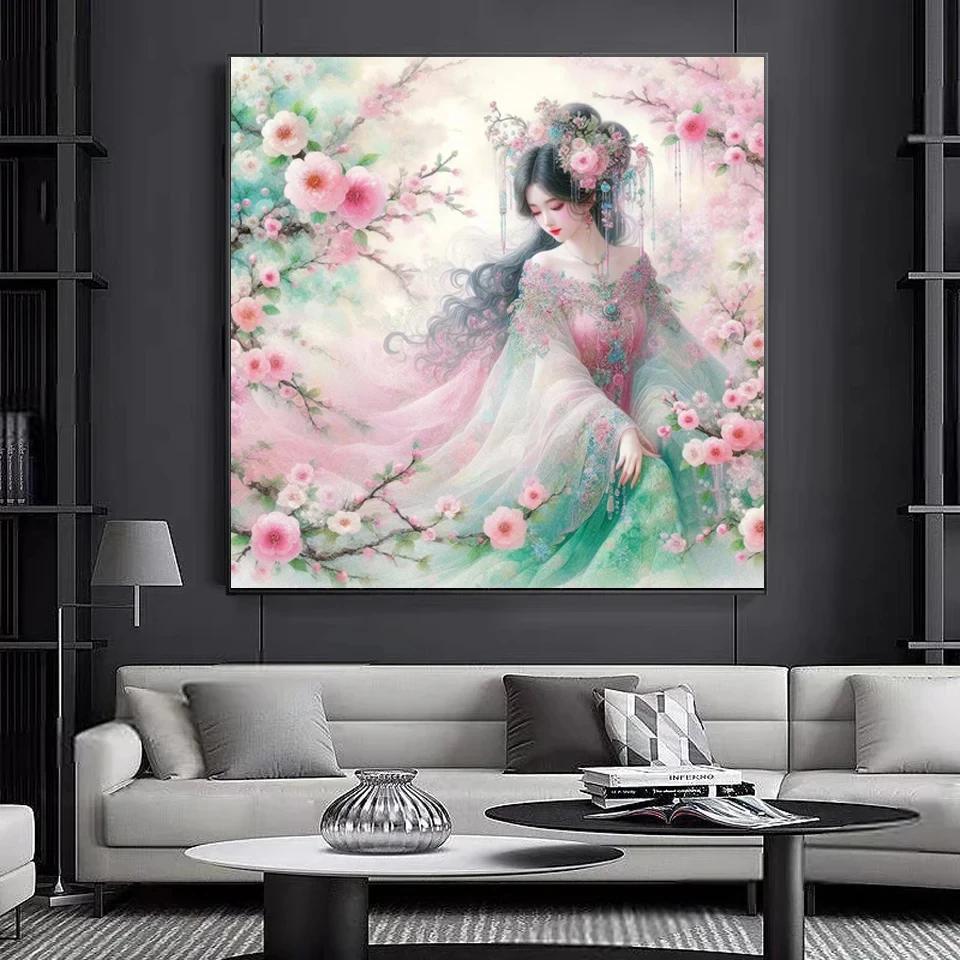 Flower Fairy 5D DIY Diamond Painting Pink Plum Blossom Woman Landscape 5D Cross Stitch Mosaic Embroidery 2024 Home Decor J3977