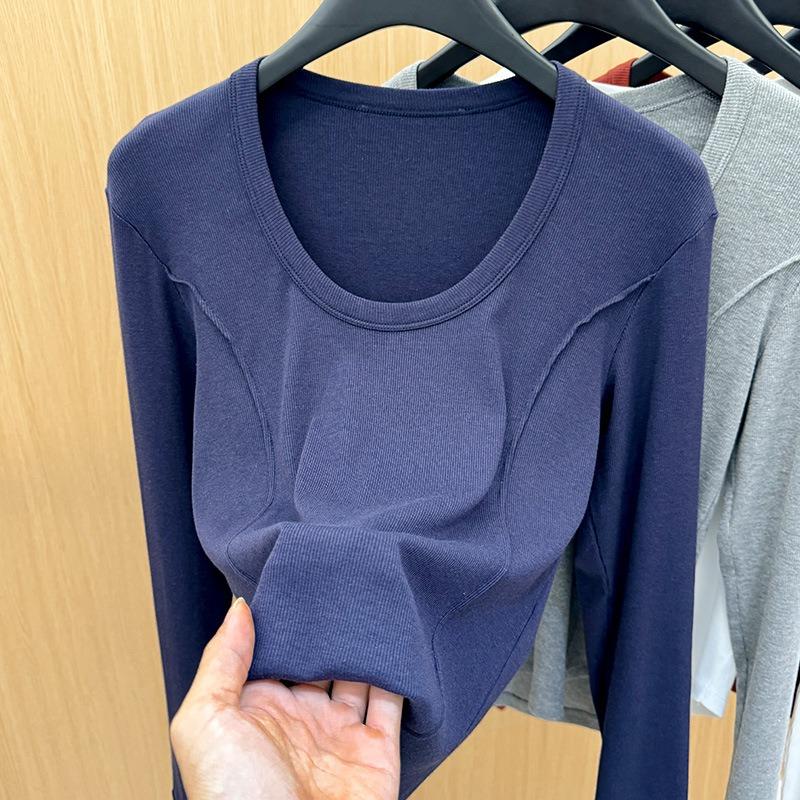 Simple front shoulder long-sleeved t-shirt women's spring new women's clothing slim-fit round neck t-shirt fish bone waist top
