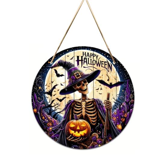 Thanksgiving Yard Display Halloween Wooden Sign,Round Hanging Pendant with Lanyard, Retro Distressed Holiday Home Ornament Wood Skeleton/Pumpkin/Clown