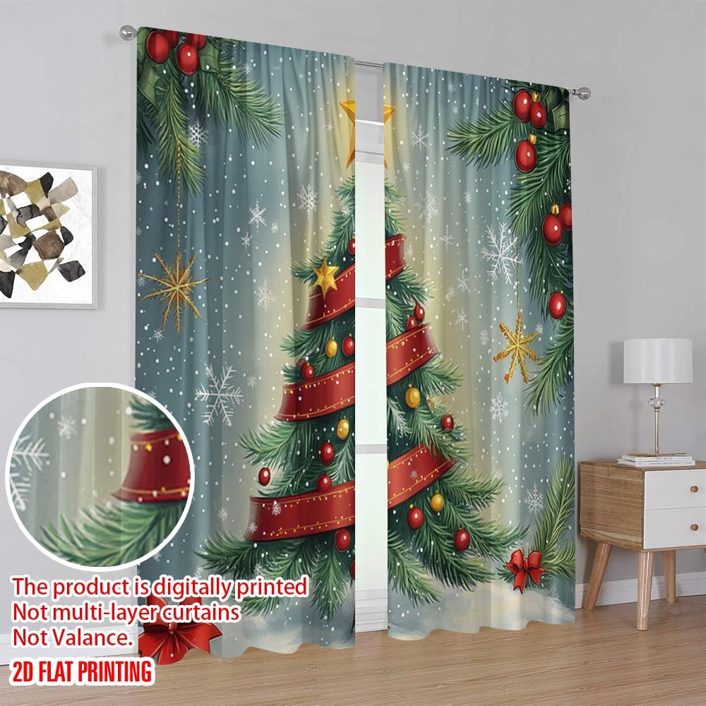 2pcs,2D Plane Printing Pattern Curtains Christmas Tree Snow Ornaments_a (2) 100% Polyester (without Rod) All Seasons Perfect for