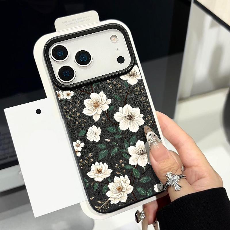 For iPhone 18 Pro Max Case White Flowers Print Leather Texture Silicone Cover For iPhone 17 16 15 14 13 Pro Max 16E 17E