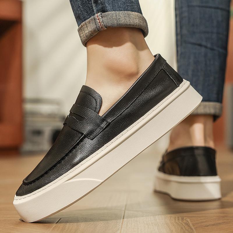 2025 New Men's Casual Shoes Genuine Leather Men Walking Shoes British Style Penny Loafers Mens Slip-on Thick Sole Outdoor Flats