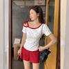 Korean Red Love Polka Dot Slanted Shoulder Off-the-shoulder Bow Pure Desire Short-sleeved T-shirt Women's Summer Strap Slim Top