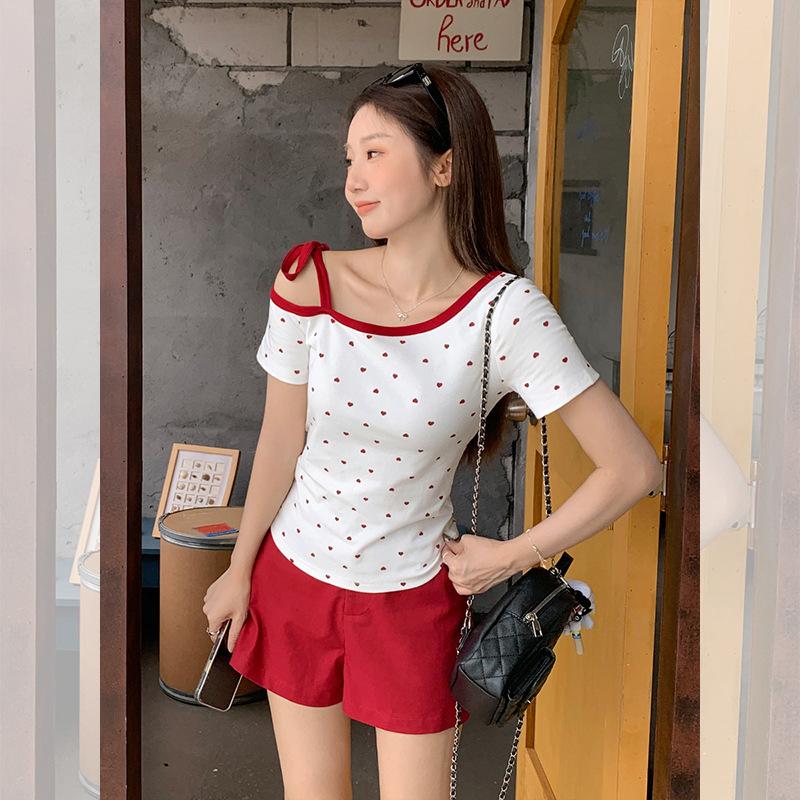 Korean Red Love Polka Dot Slanted Shoulder Off-the-shoulder Bow Pure Desire Short-sleeved T-shirt Women's Summer Strap Slim Top