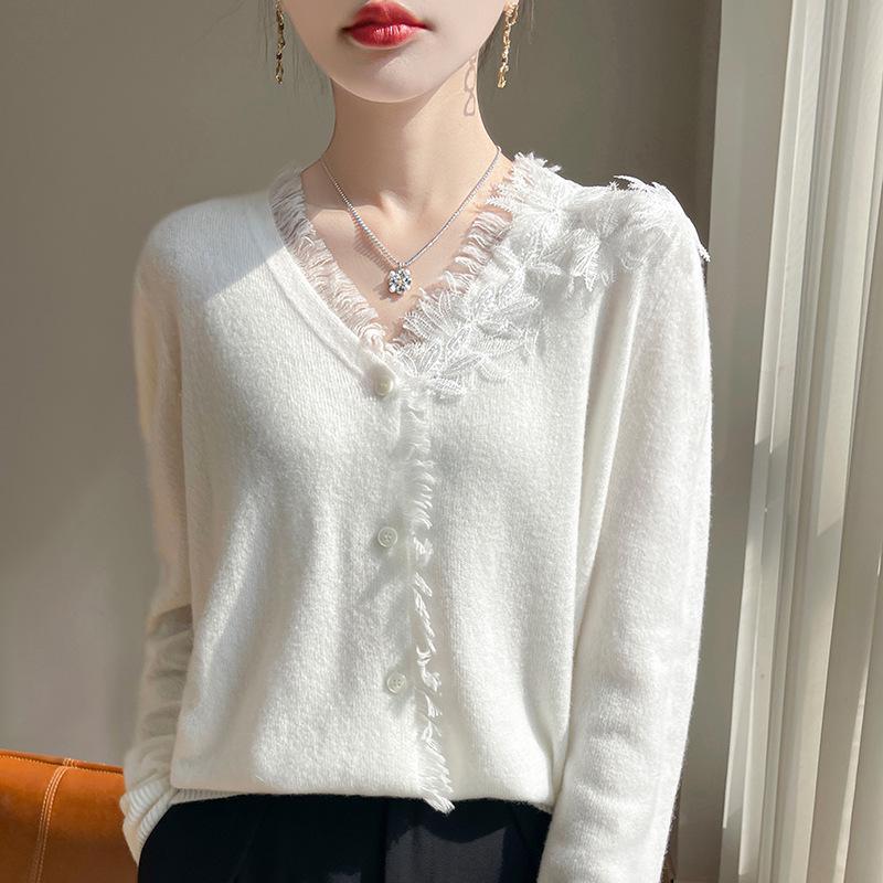 Three-dimensional Floral Knit Cardigan - Autumn/Winter Casual Loose V-neck with Cross Lace Long Sleeves