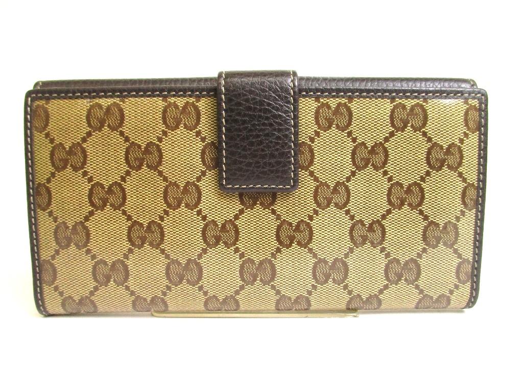 Authentic GUCCI Beige GG Coating Canvas Dark Brown Leather Flap Wallet #a997  Refurbished