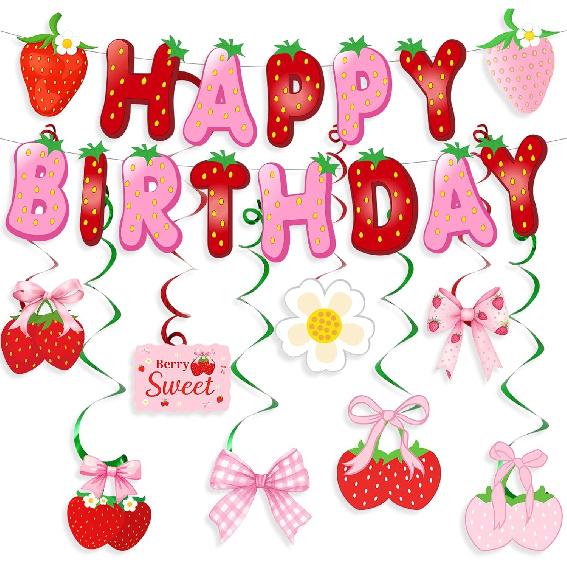 Pink Bow Strawberry Party Decorations Strawberry Bow Happy Birthday Banner, Berry Sweet Strawberry Hanging Swirls for Summer Fruit Berry First 1st