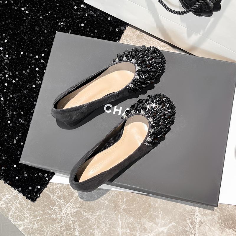 Fashion French Rhinestone Square Toed Single Shoes for Women Spring 2025 New Shallow Mouth Shiny Slip on Comfortable Lightweight Pumps