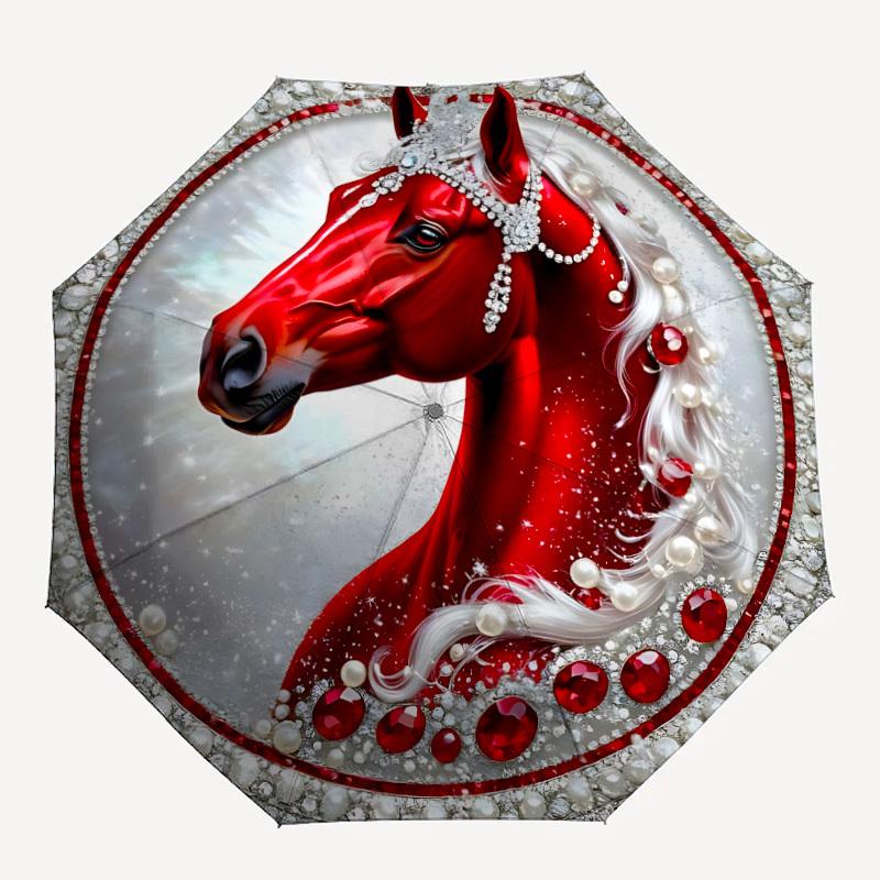 1pc Jeweled Horse Automatic Opening/Closing Folding Umbrella with 8 Ribs, Plastic Handle, Windproof Portable Sunshade Umbrella Yy251222225