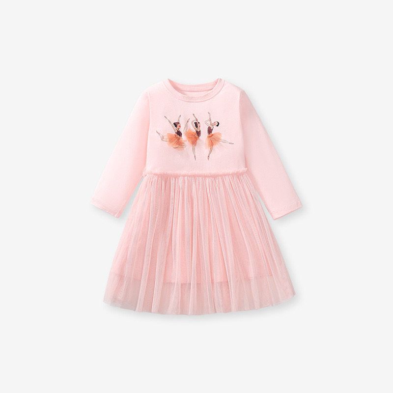 New Style Foreign Trade Fashionable Girls Sweet Pink Dress Long-Sleeved Foreign Trade Tutu Skirt Dance Skirt Mesh Skirt Trendy Pink 2Y/90 Size Recommended Height 80-90cm