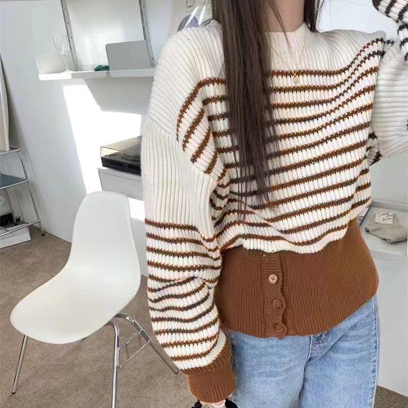 

Новый осенне-зимний модный свитер с длинными рукавами в ленивом стиле для женщин, свободный крой, полосатый высококачественный трикотажный свитер в полоску one size коричневый