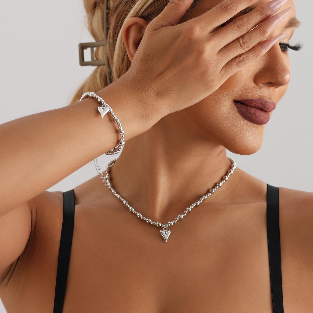 Unique Metal Beads Chain Heart Necklace Bracelet for Women Unisex copper Color Grunge Zircon Set Steampunk Fashion Zircon Set