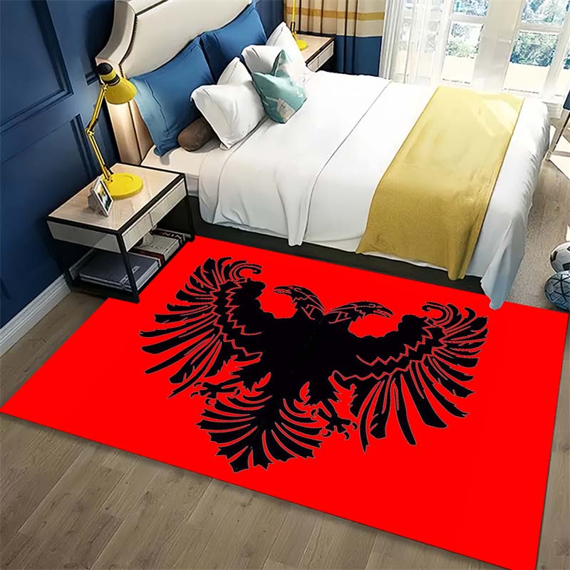 Red Background Black Double Headed Eagle Print Area Rug, Non Slip Soft Floor Mat Medieval Heraldic Home Decor Carpet