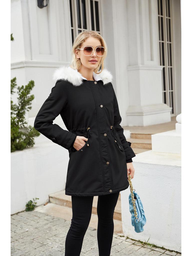 2023 Women's Detachable Fur Collar Parka: Long Sleeve Hooded Cotton Coat with Fleece Lining for Autumn/Winter