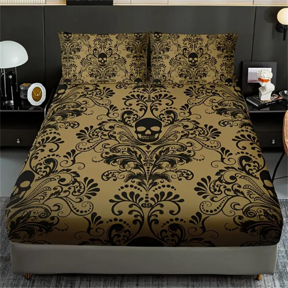 Skull Floral Design 3-Piece Bed Sheet Set - 100% Polyester, Digital Print, Breathable All-Season Fitted Sheet and Pillowcase Set