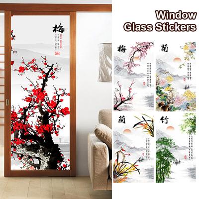 Fensterfolie im chinesischen Tintenstil, Pflaumenblüte, Orchidee, Bambus, Chrysanthemenkultur, Sichtschutzfolie, statisch haftender Glasaufkleber
