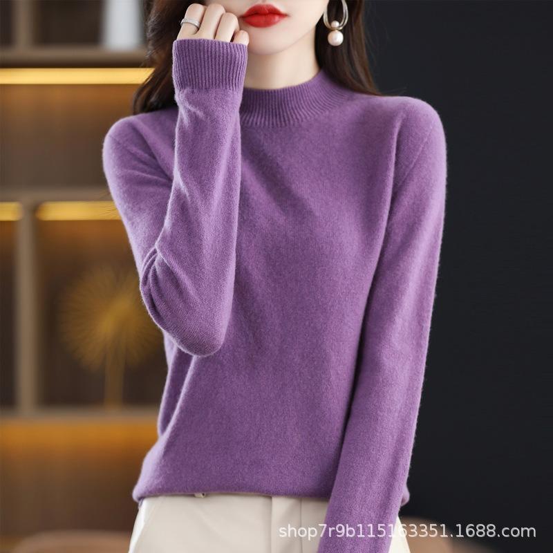 Autumn and winter new pure wool sweater women's semi-turtleneck first-line ready-to-wear wool sweater knitted sweater loose and thin bottoming shirt