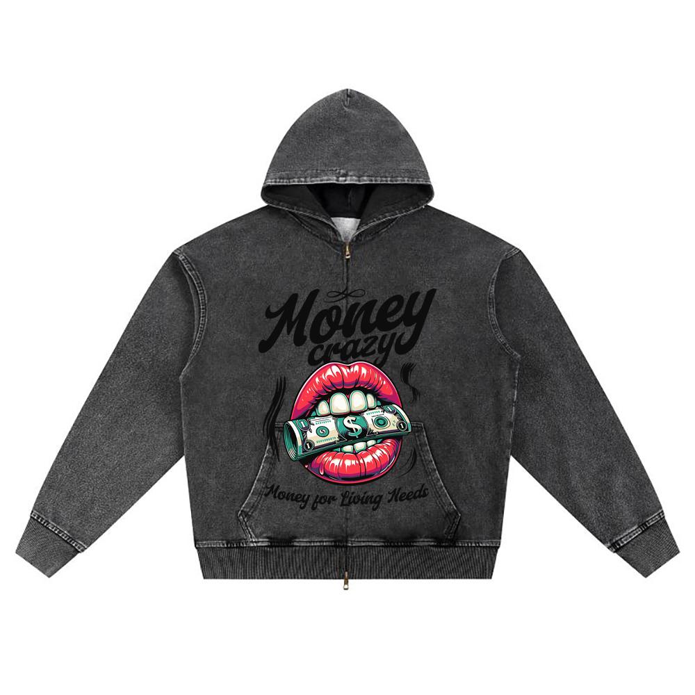 DTG Print Knitted Denim Zip-Up Hoodie Money Crazy Brother Print Zipper Hoodies