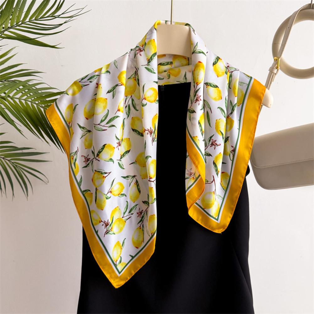 1pcs Summer Bright Oil Painting Lemon Print Small Square Women Satin Neck Tie Scarfs Soft Neat Ladies Neckerchiefs