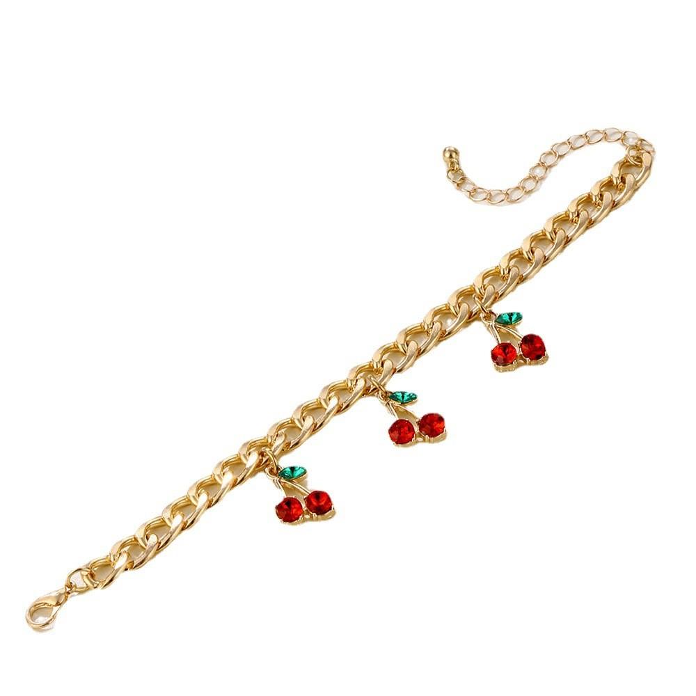 Creative Fashionable Red Cherry Necklace And Bracelet Set With Stunning Rhinestones