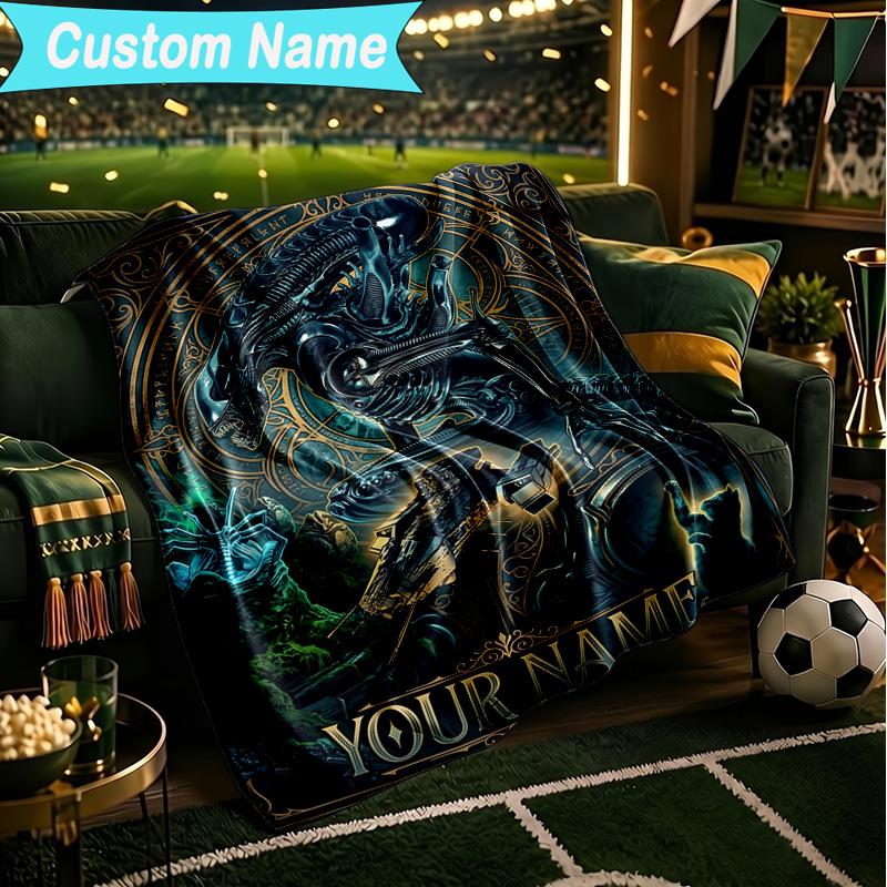 1PC Custom Name Blanket Alien Artwork Flannel Blankets Patterns Throw Blanket All-Season Soft Gift for Couch, Bed, Camping, Birthday Gifts