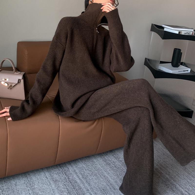 European and American style turtleneck zipper pullover sweater knitted suit women's autumn and winter loose wide-leg pants two-piece set