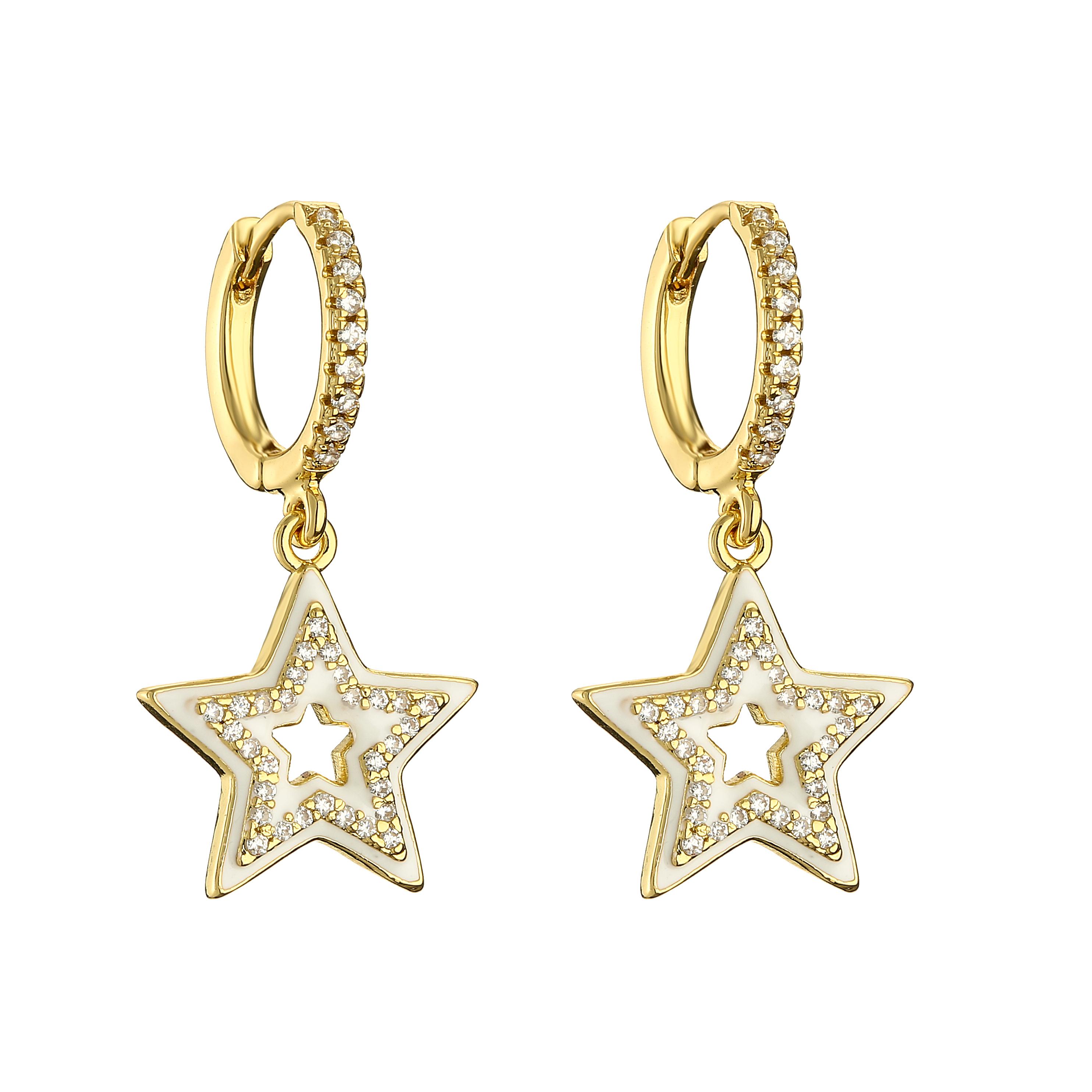 HECHENG,Fashion Shiny Zircon Star Dangle Hoop Earrings For Women Punk Geometric Pendant Hoop Earrings Trendy 2023 Zircon белый