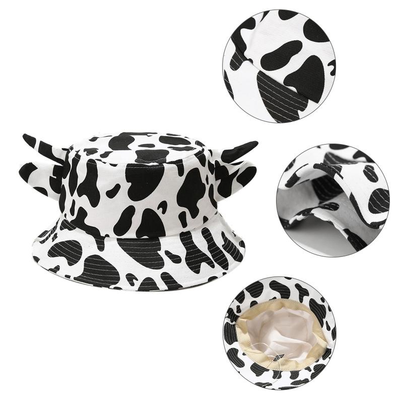 Summer for Sun Cap Wide Brim Fisherman Hat Cow Print Bucket Hat with Horns & Ear