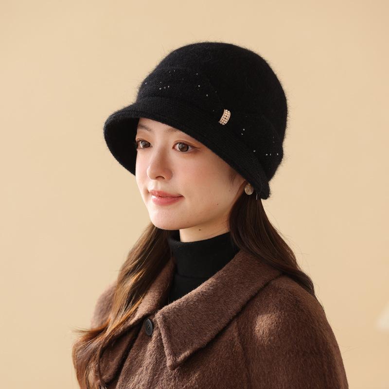 Rabbit Hair Knitted Hat Women Middle-Aged And Elderly Winter Warm Wool Basin Hat Big Head Circumference Shows Temperament Versatile Mother Hat