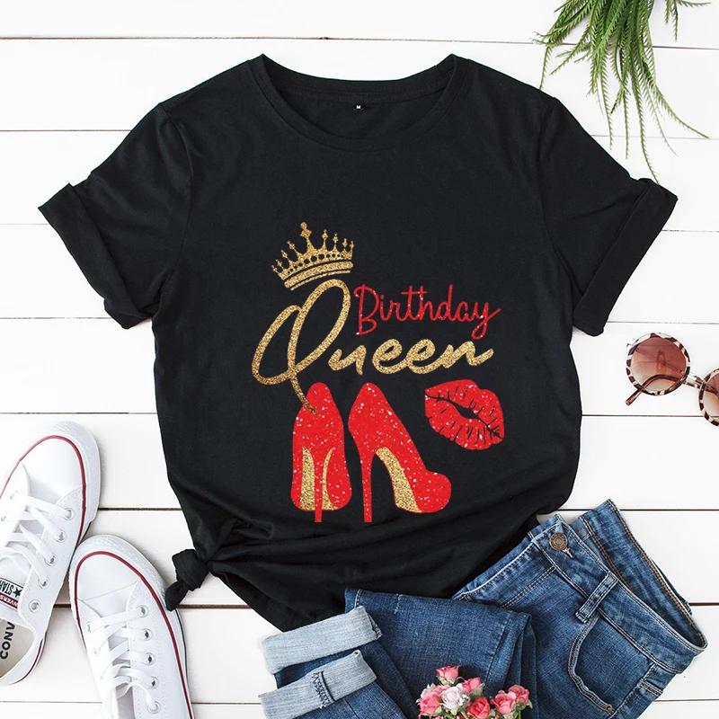 Birthday Queen Print Women T-shirts Birthday Party Women Tshirts 50 It's My Birthday Tees Leopard Graphic Tee T Shirt Y2k Tops