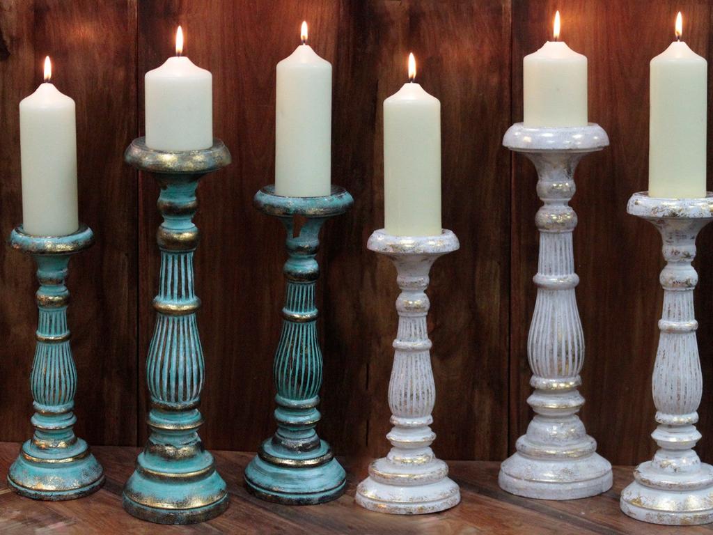 Wooden Candlestick Holder Medium Turquoise Gold