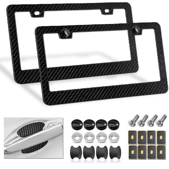 Black Carbon Fiber License Plate Frames, Plastic Number Plate Holder Print Carbon Pattern for Men and Women, 2 Pack with Screws Caps for Front Rear