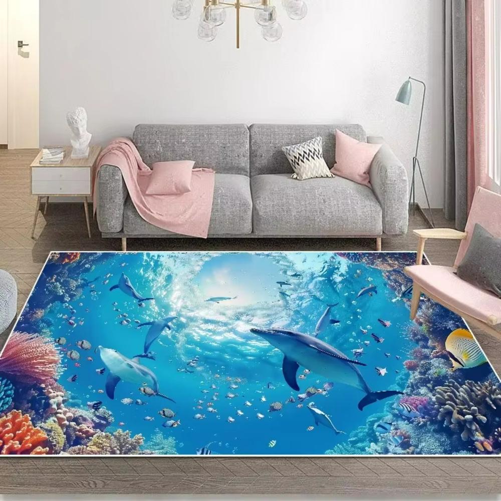 Blue Ocean 3D Dolphin Fish Theme Carpet Living Room Decor Sofa Rug Home Bedside Rug Balcony Coffee Table FloorMat Kid's Play Mat