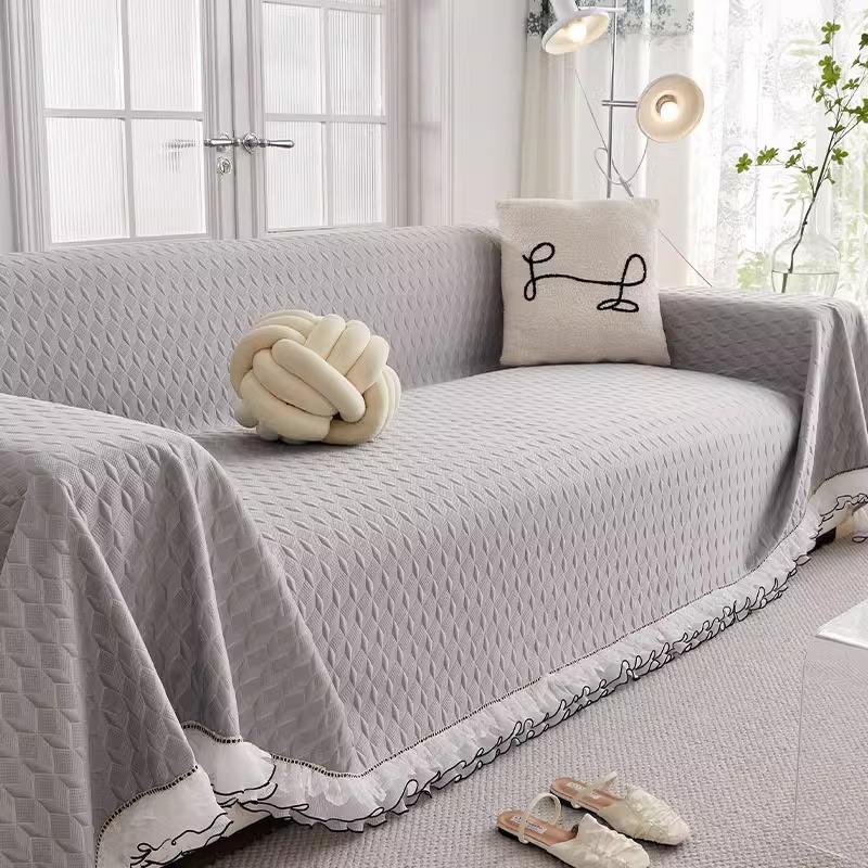 2025 New Ice Bean Sofa Towel with Lace High-End All-Cover Sofa Cover Blanket for Summer Solid Cool Skin-Friendly Couch Slipcover