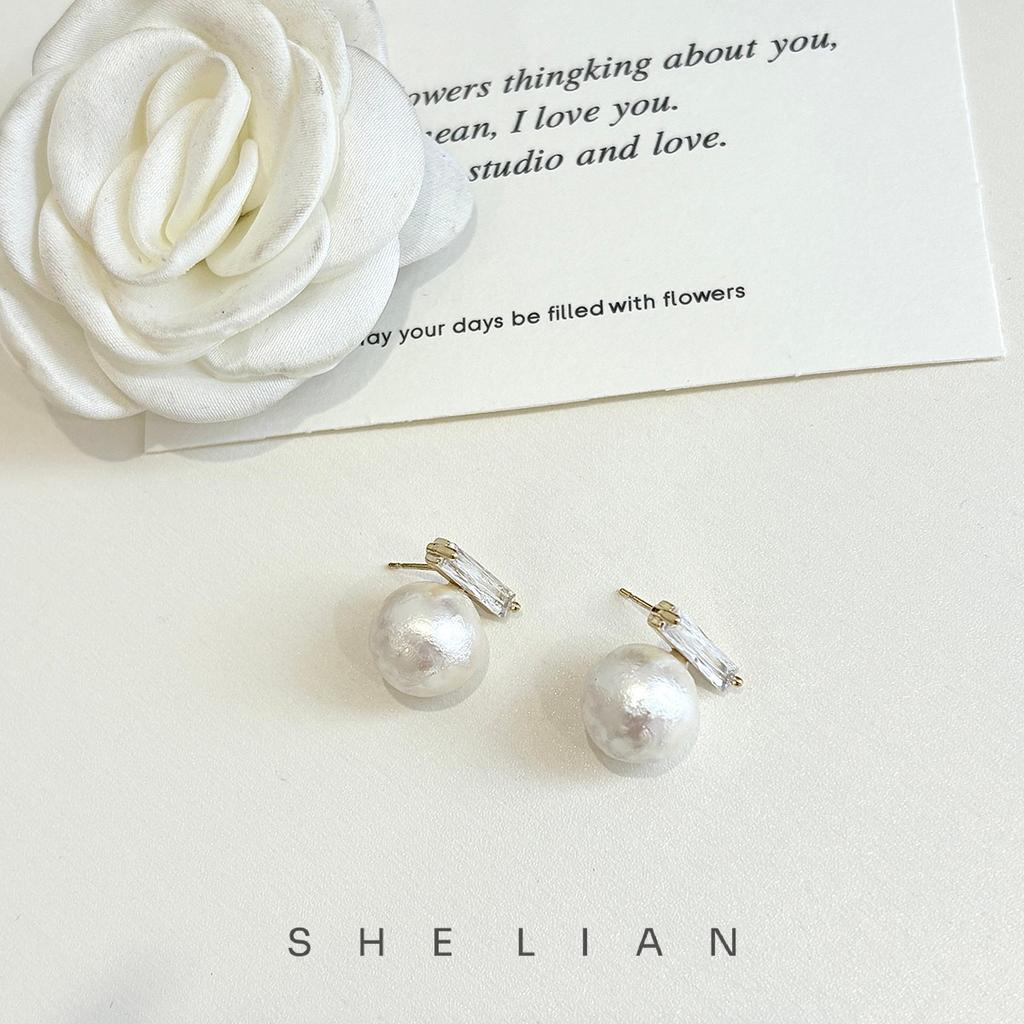 Gold Plated Mint Mambo Cotton Pearl Stud Earrings Ins Versatile Earrings Light Luxury Premium Silver Needle Earrings