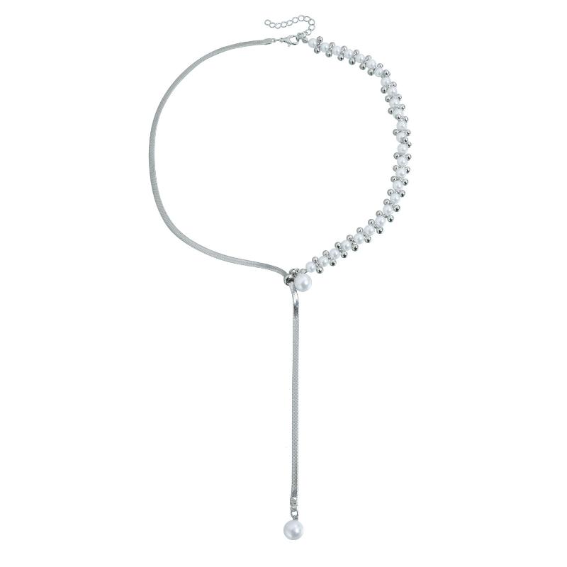 Pearl Snake Bone Chain Bead Splicing Necklace Minimalist Broken Silver Necklace Tassel Collarbone Chain Jewelry Gifts