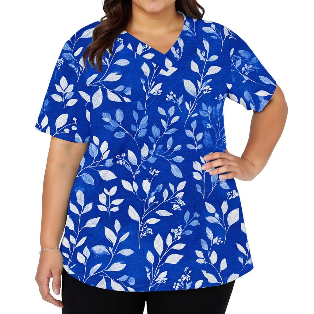 Modisches Damen-Arbeitsoberteil mit V-Ausschnitt und kurzen Ärmeln, mit doppelseitigen Schlitzen und Taschen, mit einem Retro-Blumendruck.