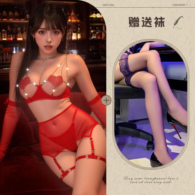 Sex underwear women's love chain hollow perspective temptation mesh bed teasing abstinence soul set