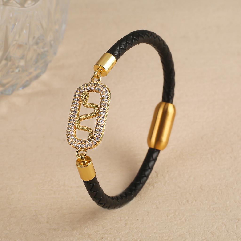 Horký výprodej Černý Kožený Provázek Pletený Zirkoniový Geometrický Náramek Klasické Magnetické Zapínání Párty Svatba Šperky pro ženy Dívky