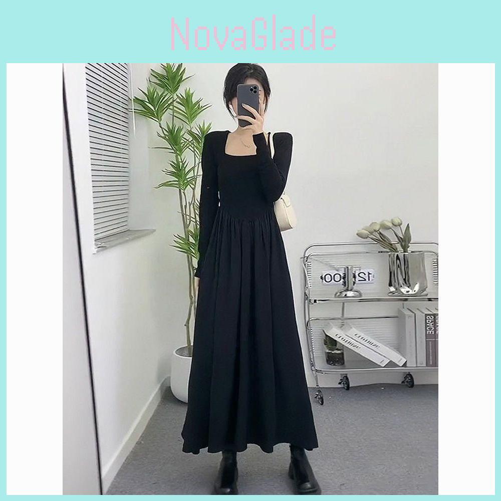 French Chic Long Sleeve Dress With Spliced Knitted Fabric For Autumn Fashion