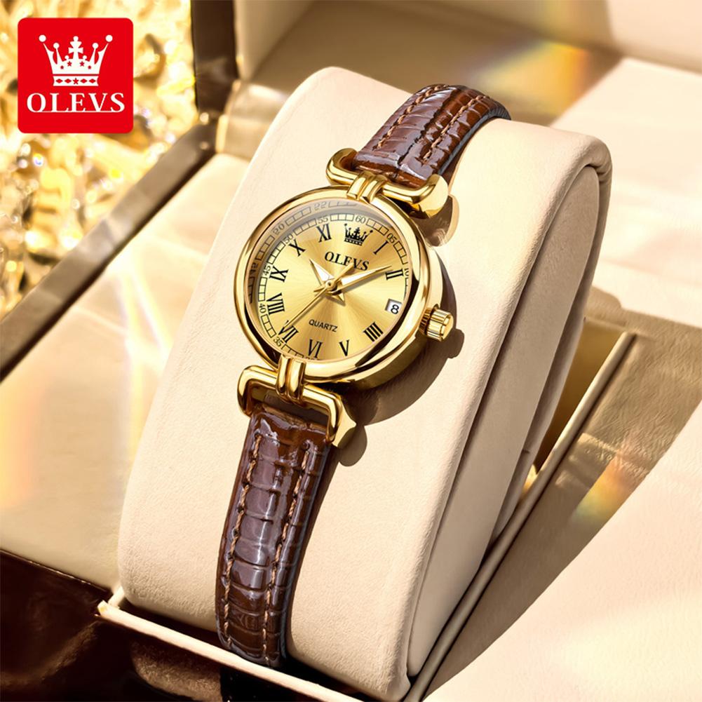 OLEVS 5645 Women Watch Quartz Movement Fashion Watch Gift Round-dial Leather Strap Wristwatch Calendar Window Luminous Watch