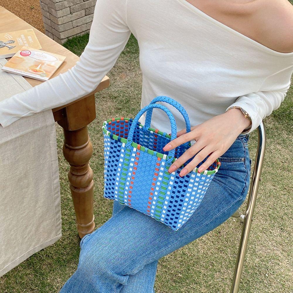 Hollow Out PVC Vegetable Basket Bag Bohemian Style Waterproof Weave Bag Large Capacity Vacation Style Plastic Handbag Streetwear