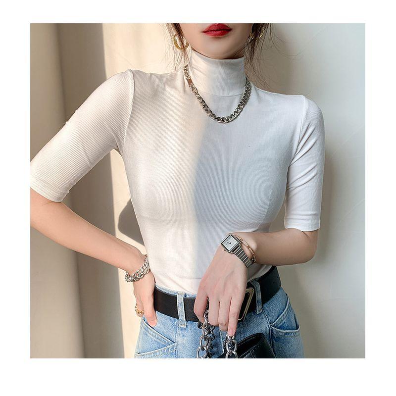 Magic Queen Thread Half Sleeve T-shirt Women Spring and Summer Half Sleeve Turtleneck Shirt Inner wear Slim fit Top T-Shirt